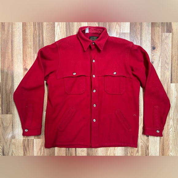 Vintage Eddie Bauer M 100% Virgin Wool Coat Red Jacket Chore Barn 80s Mackinaw - Picture 1 of 6